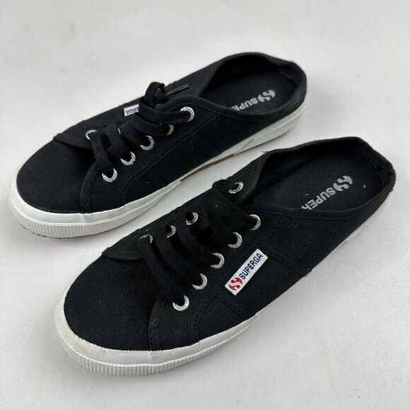 SUPERGA Black Canvas Slip On Mules Slide Sneakers Womens 7.5 Mens 6 Lace Up 2402 - Picture 2 of 12